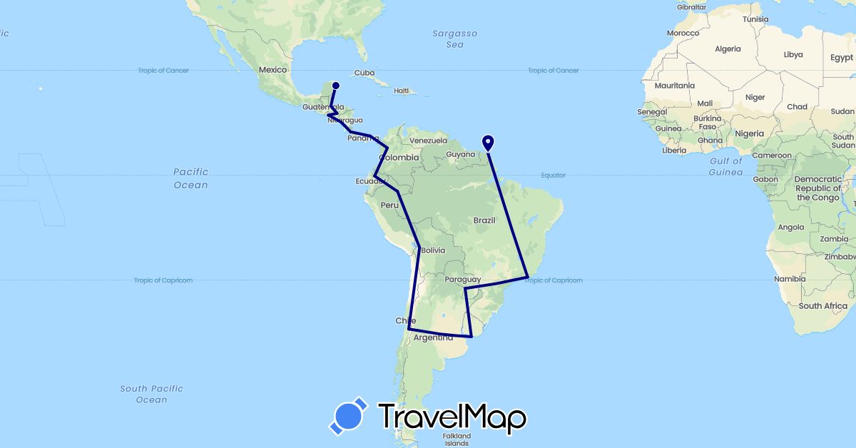 TravelMap itinerary: driving in Bolivia, Brazil, Belize, Chile, Colombia, Costa Rica, Ecuador, France, Guatemala, Honduras, Mexico, Nicaragua, Panama, Peru, Paraguay, El Salvador, Uruguay (Europe, North America, South America)